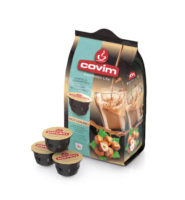 Covim Nocciolino mogyoró ízű kávés kompatibilis italkapszula Nescafé DOLCE GUSTO kávégéphez.